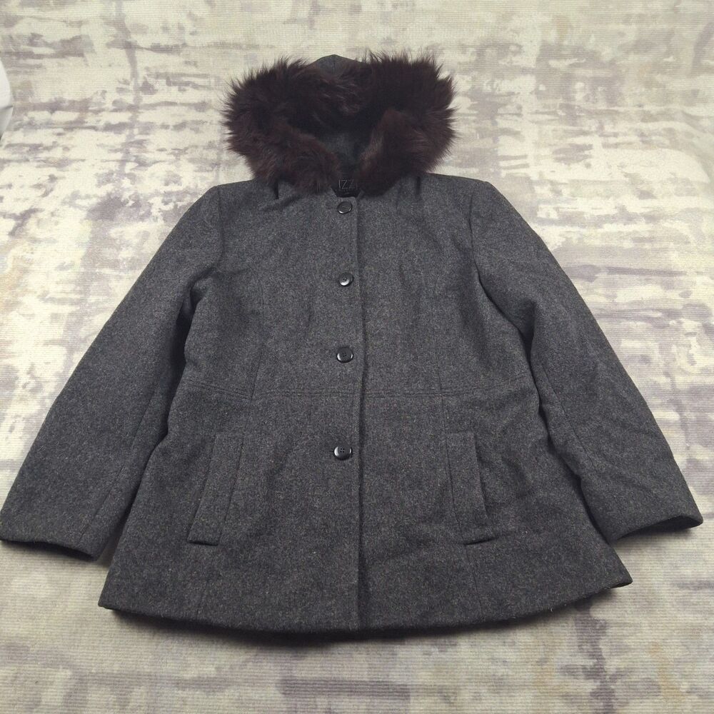 Izzi Collections 100% Wool Coat Genuine Black Fox Fur Trim Heavy Winter Jacket L